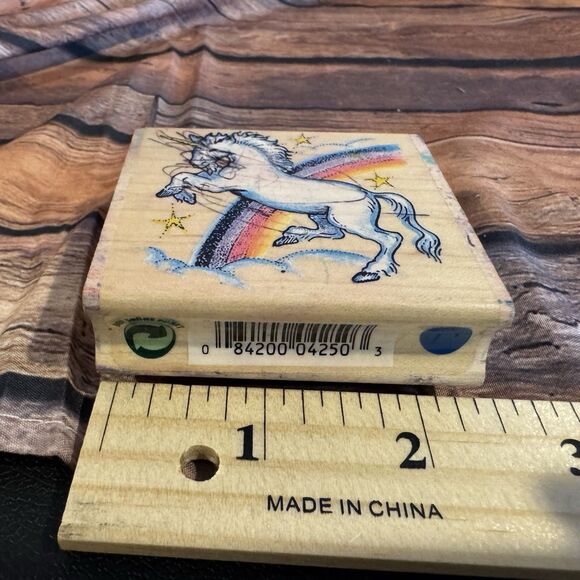 Vintage Rainbow Unicorn Wood Mounted Rubber Stamp All Night Media Craft Tool - Picture 7 of 9
